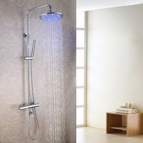 Brass Bath Tub Spout 10 Inch Round Temperature Sensitive LED Shower Head Thermostatic Exposed Bath Shower Faucet Set