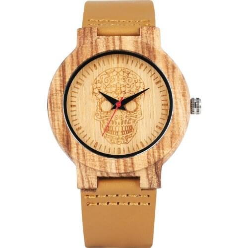 Mens Handmade Wood Quartz Watch Unique Skeleton Skull Dial Wooden Watch Creative Eco-friendly Nontoxic