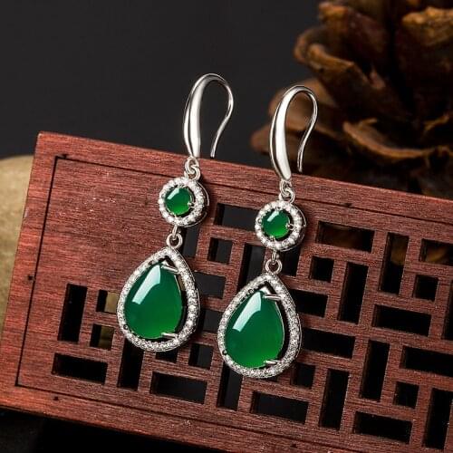 National Vintage Emerald Long Drop Earrings for Women 925 Silver Ethnic Vintage Wedding Party Jewelry Luxury with Box Gifts