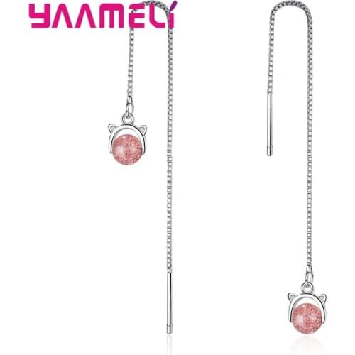 Fascinating Pink Crystals Earrings Dangle for Women Cat Drop 925 Sterling Silver Girls Jewelry Fashion Tassel