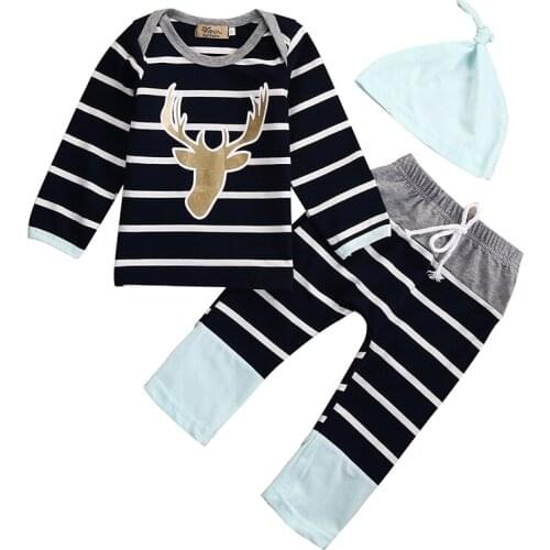 Striped Newborn Infant Baby Boy Girl Clothes Long Sleeve Deer T-shirt Tops+Long Pant Hat 3PCS Bebek Giyim Kids Clothing Set