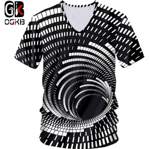 OGKB Mens V Neck Tshirts Wormhole Print Black White Swirl 3D Tshirt Casual T-shirts Man Fitness Workout Tee Shirts 7XL
