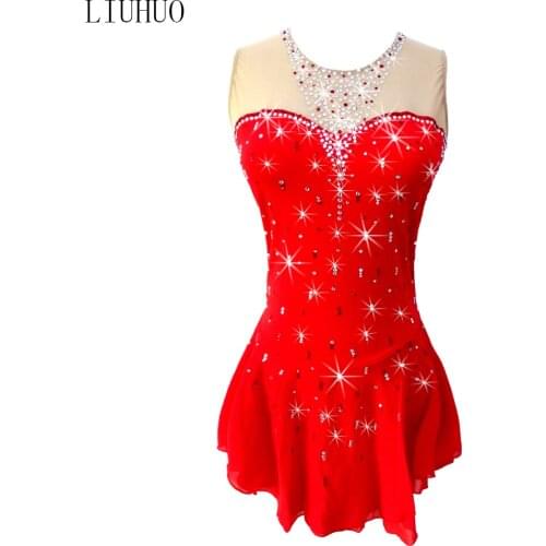 LIUHUO Handmade Figure Skating Dress Girls Red Quality Crystals Sleeveless women Ice Skating dress for stage