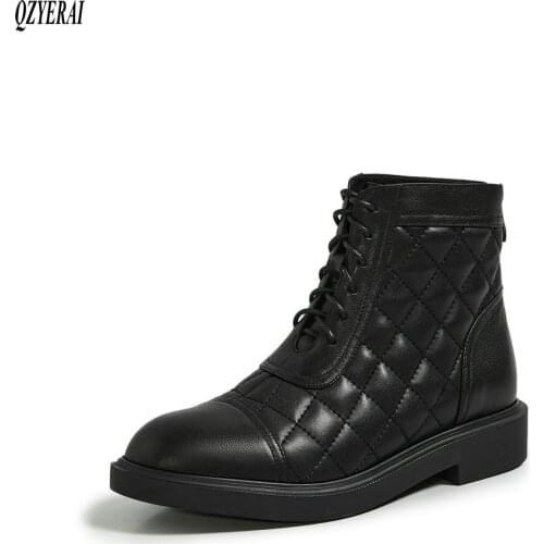 QZYERAI New design Genuine leather Womens boots Martin boots British style lace-up Female boots Autumn and winter shoes