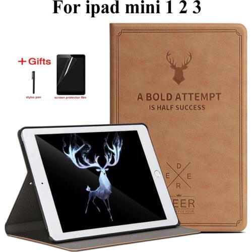 Retro Deer Pattern PU Leather Case For iPad Mini 3 2 1 Smart Stand Flip cover for apple ipad mini 1 mini 2 mini 3 case+Film+Pen