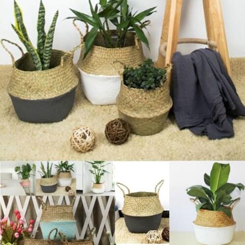 Rattan Straw Basket Wicker Seagrasss Folding Laundry Flower Pot Flower Vase Home Garden Hanging Basket Wedding 12x16x15cm