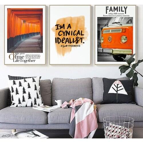 Nordic Vintage Orange Car Canvas Paintings Modern Minimalist Gallery Art Poster Letters Print Wall Pictures Living Room Decor