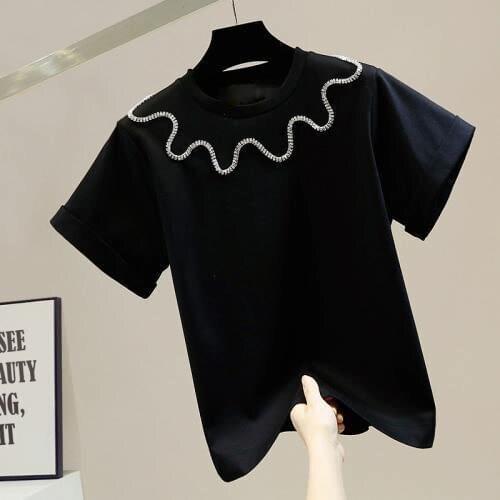 Rhinestone Chain Round Neck Solid Color Short Sleeve Cotton T-shirt for Women 2021 Summer New Girls Ladies Simple Tops Tees