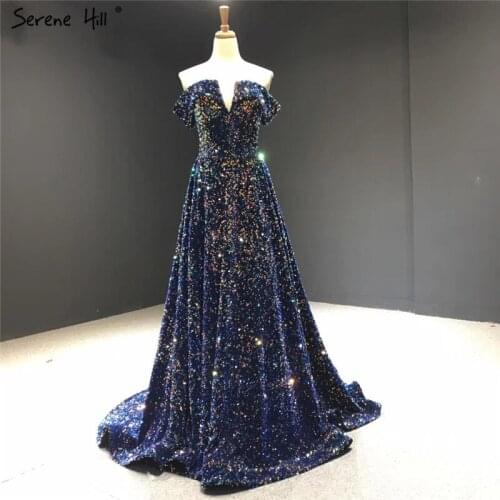 Serene Hill Dark Blue Off Shoulder Sexy Evening Dress Sleeveless Sequins Sparkle Contrast Color Formal Party Gown 2020 CHM66992