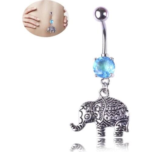 Vintage Silver Color Body Jewelry Elephant Navel Piercings Belly Button Rings Blue Crystal Navel Rings Women Girls Bikini