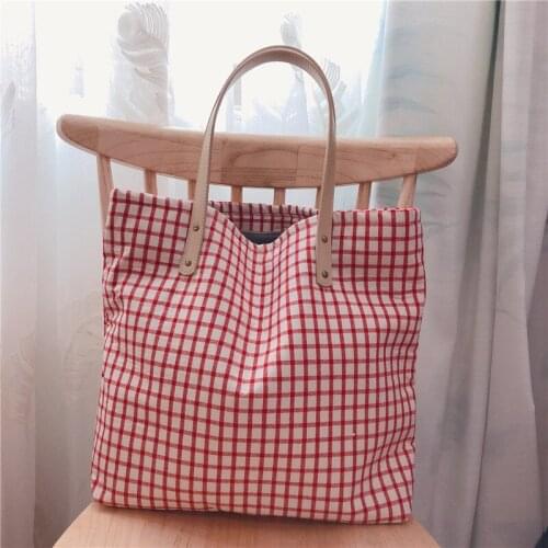 Retro Large Capacity Plaid Korean Cotton Shoulder Bag for Women 2021 New Totes Bags Female Big Leather Handle Thickened Handbags