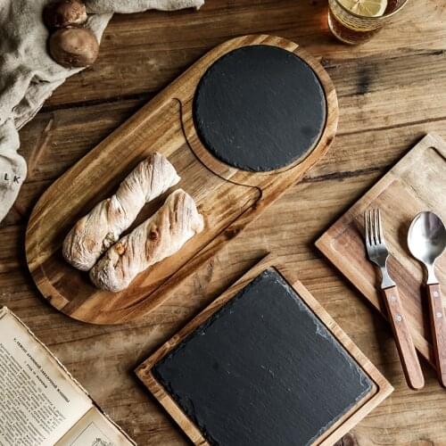 Western Natural Stone Dinner Plates Slate Dishes Steak Plate Cheese Pizza Flat Fruit Food Wooden Tray Solid Square Retangle Oval