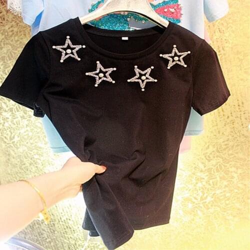 Heavy work fashion beading short sleeve t-shirt women o-neck cotton top tees plus size 7XL