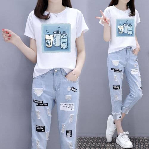Single Piece/Set Female Summer 2021New Short-Sleeved T-Shirt Nine-Point Jeans Loose Two-Piece Women Student Suit Cowboy 2PCS 742