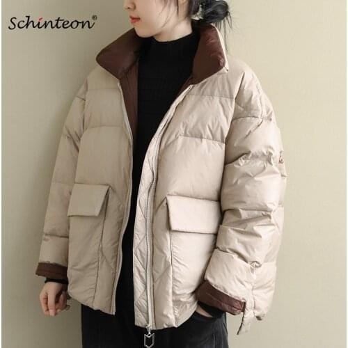 Schinteon Women Winter Down Jacket Stand Collar Two Big Pockets Light 90% White Duck Down Coat Loose Outwear Fashion