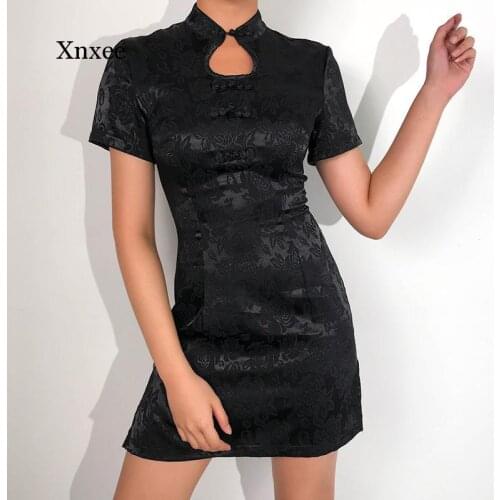 Chinese Style Jacquard Vintage Black Dress Women Embroidery Cheongsam Summer Dress Fashion Mini Dresses Sundress Clothing