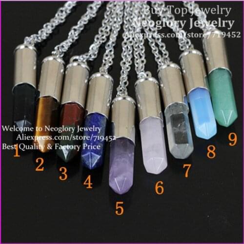 10pcs Mixed Natural Gems Point Bullet Necklace Silver Plated Casing Pendant CRYSTAL Druzy Stone Quartz Pendant Necklace