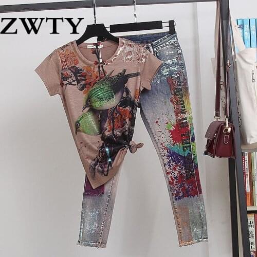 ZWTY Summer Vintage Print Tshirt Pencil Denim Pants 2 Piece Set Women Loose Short sleeve T shirt Jeans Suit Female Fashion Stree