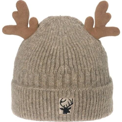 2021 Christmas Knitted Hat Winter Women Cute Antlers Warm Beanies Deer Embroidery Designer Bonnet Cap Christmas Day Decorate