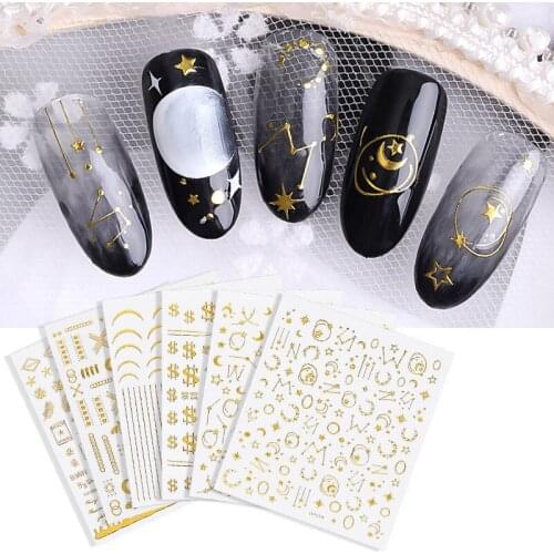 3D Nail Star Moon Starry Art Sticker Gold Mixed Embossed Curved Stripe Lines Design Manicure Sliders Moon Sticker Decals Decor