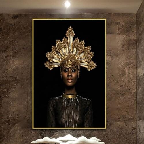 Abstract Gold Crown Black African Woman Oil Painting on Canvas Posters and Prints Scandinavian Wall Art Picture for Bedding room