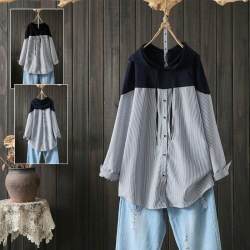 Oversized 4XL Patchwork Women Shirts Autumn New 2021 Hooded Loose Casual All Match Female Outwear Coats Tops