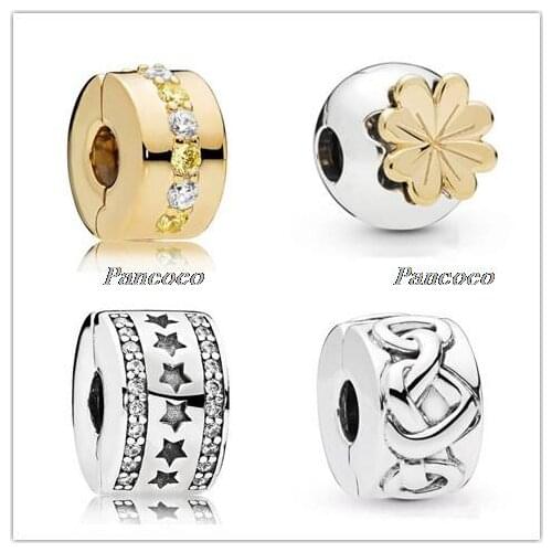 925 Sterling Silver Bead Charm Gold Color Shining Clover Stopper Clip Beads Fit Pandora Bracelet & Bangle Diy Jewelry