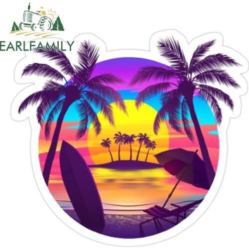 EARLFAMILY 13cm x 11.9cm For Beach Palm Tree Car Stickers Refrigerator Fine Decal DIY Motorcycle Sticker Surfboard Laptop Decor