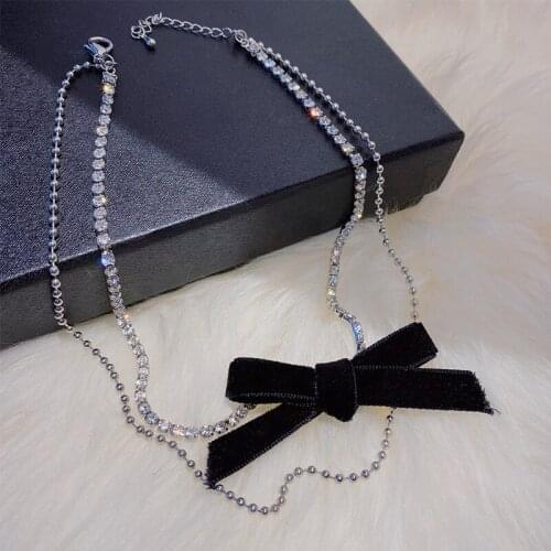 SRCOI Elegant Black Bow-knot Rhinestone Necklace Simple Small Round Beads Double Layer Temperament Necklace Women Party Jewelry