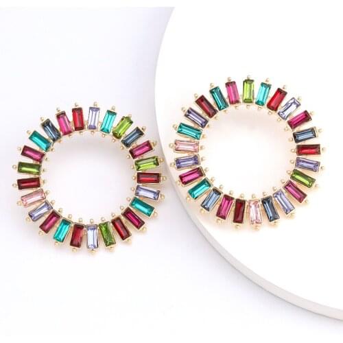 European And American Fashion Multicolor Rhinestone Geometric Hollow Round Earrings Radial Rectangular Rhinestone Ear Stud