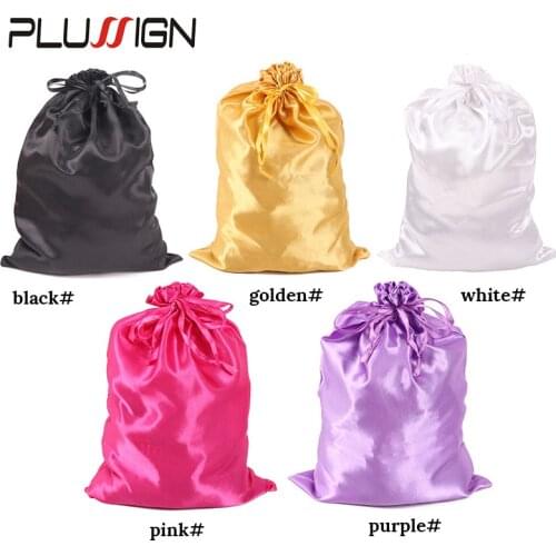 Plussign One Dozen Wholesale Satin Wig Bag For Packaging Wigs Hair Bundles Hair Extensions Black Pink Golden Satin Gift Bags