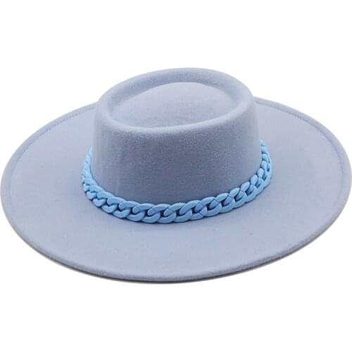 New Fashion Wool Pork Pie Boater Flat Top Hat For Womens Mens Felt Wide Brim 9.5CM Fedora Gambler Hat