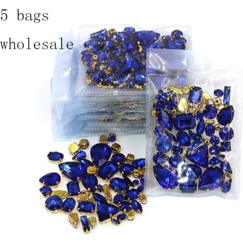 Wholesale 5 bags mixed shape sew on glass Crystal Royal blue gold base rhinestones diy dress/Clothing accessories
