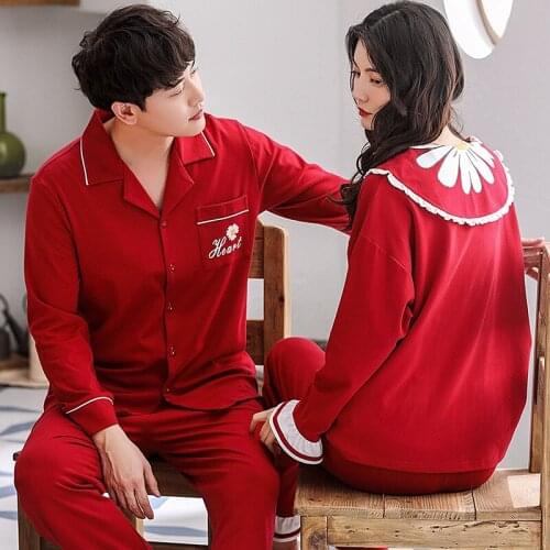PUREcotton Turn-down Collar ButtonDown Long Sleeve Trousers Boy Girl Pajama Jammies Autumn Couples Lovers Nightwear Pyjamas NLZM