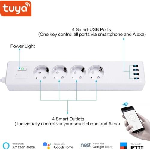 Smart WiFi Power Strip Tuya Smart App Control Type-F 4 Outlets 4 USB Ports Individually Control Alexa Google Home Compatible 5.0