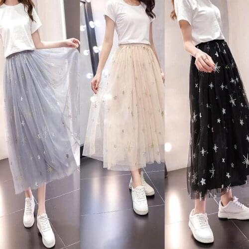 2021 Summer New Korean Simple Black Star Gauze Skirt High Waist Slimming Casual Loose Women A-line Long Skirt Tide Free Shipping