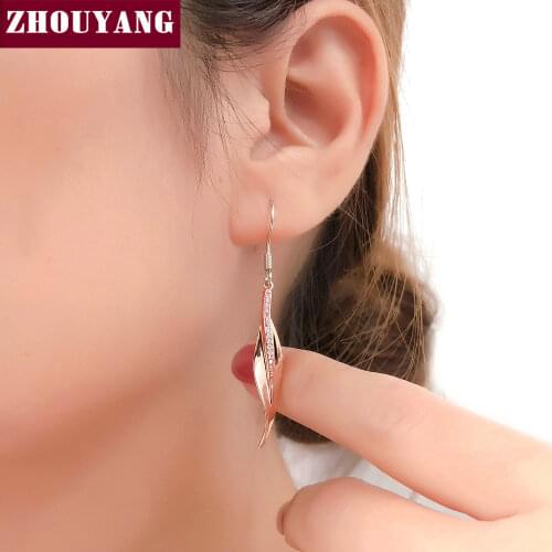 ZHOUYANG Drop Earring For Women Simple Rose Gold Long Leaf Shape Cubic Zirconia Two Tone Silver Color Gift Fashion Jewelry E395