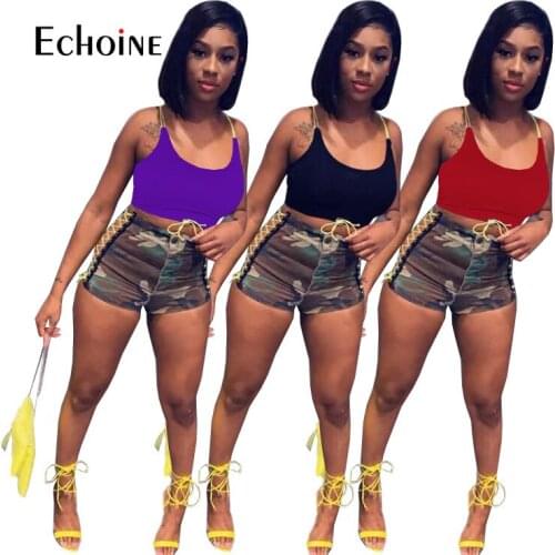 Echoine Women Sleeveless Drawstring Summer Crop Tops Camouflage Zipper Bandage Elastic Shorts two Piece Set Tracksuit Outfits