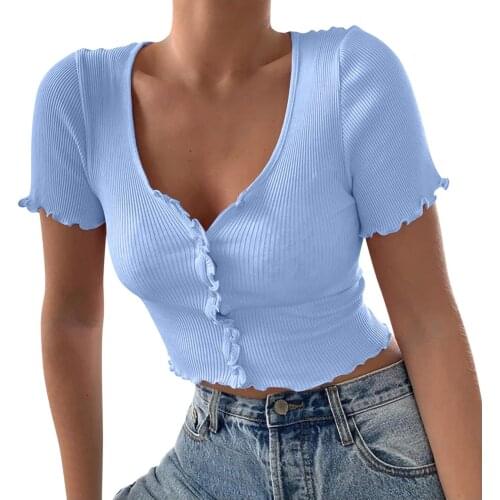 Womens Solid Color V Neck Ribbed Crop Top Short Sleeve V Neck Button Graphic T Shirts Harajuku Sexy Slim Short Tee Женские P1