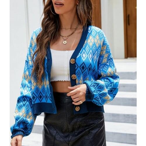 Women V-neck Knitted Cardigans Autumn Sweater Diamond Pattern Button Down Vintage Outerwear Loose Casual Cropped Knitwear Coat