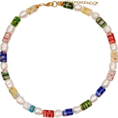 Golden fashion boho summer statement jewelry collar layered HARRY baroque pearl millefiori glass bead necklaces for women