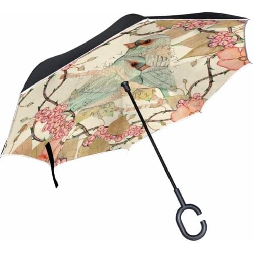 Beautiful Girl Bird Flower Art Double Layer Inversted Umbrella Windproof Car Reverse Umbrella Self Stand Rain Protection C-hook