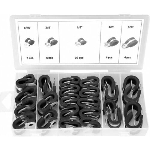 42pcs Holder Clamps Set Clamping Diameter 6.5mm 8mm 9.5mm 13mm 16mm Stainless Steel Rubber Lined Clips Cable Hose Pipe