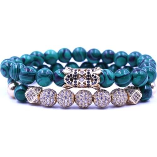 8mm 2PCS/Set xtg234 gold elastic adjusted nature malachite bead micro pave cz zircon cubic zirconia tube Bracelet
