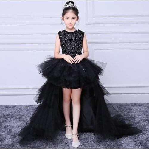 Noble Black Long Train DetachableLayers Crystal Flower Girl Dress Baby Pageant Show Dress Kids Birthday Party Dress Custom Made