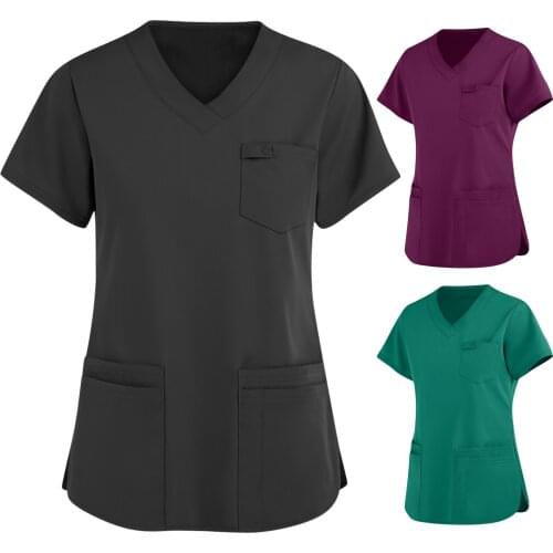 Care Workers T-Shirt Tops Pure Color V-neck Casual Short Sleeve New Nursing Blouse for Women with Three Pocket Mukoti Yunifomu
