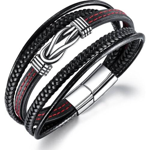 Long Punk Stainless Steel Men Bracelet 3 Layers Geometric Shape Black Color Male Jewelry-Accessories Hot Leather Bracelet