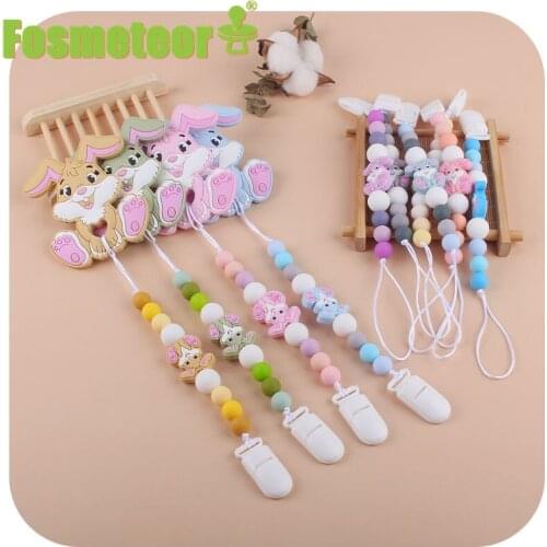 Fosmeteor Safe Silicone Personalised Name Baby Pacifier Clips Silicone Rabbit Animal Pacifier Chain Holder Baby Gift BPA Free