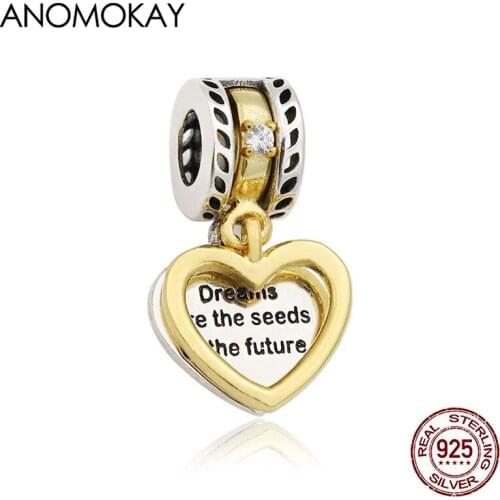 Classic Two Piece Together Gold Color & Silver Heart Pendant Charm fit Bracelet Real Sterling 925 Silver Letter Love Beads