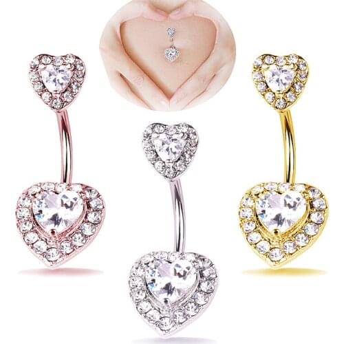 Heart shape Navel Bar Bell Button Rings Crystal Shiny Gem Navel Surgical Steel Body Piece Jewellery Punk Hip Hop Navel Piercing